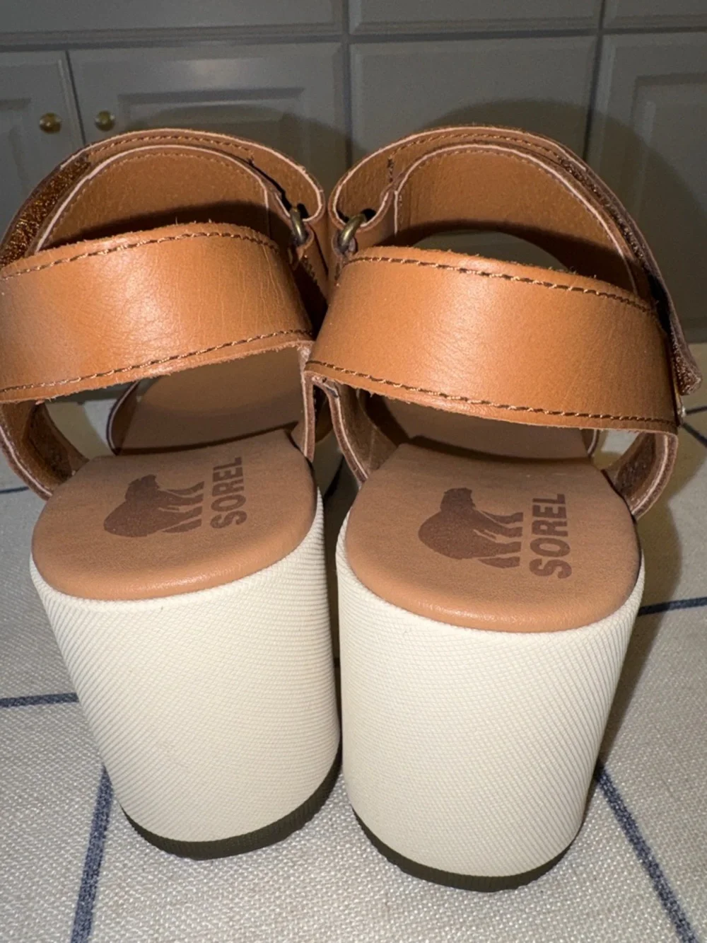 Sorel Brown Leather Platform Sandal with White Sole